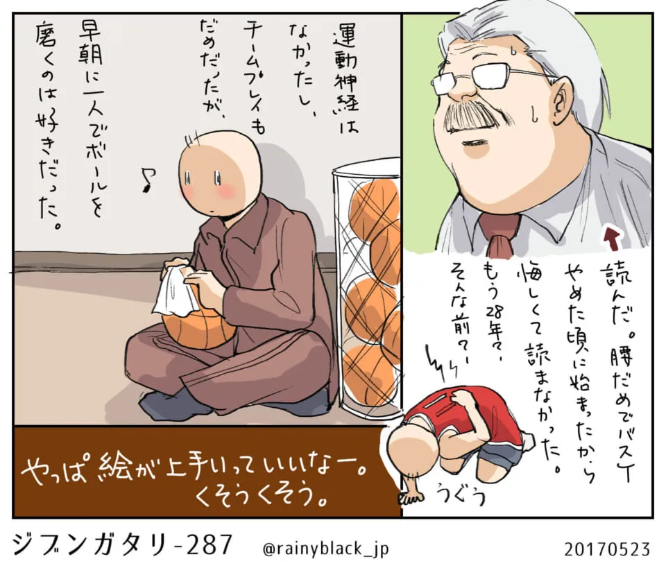 バスケボールを一人で磨く人物の漫画シーン