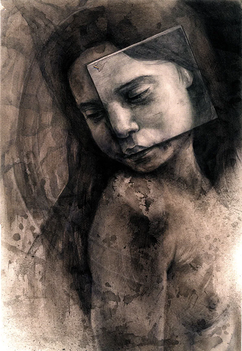 顔の一部を別の紙で覆った暗い鉛筆画の女性