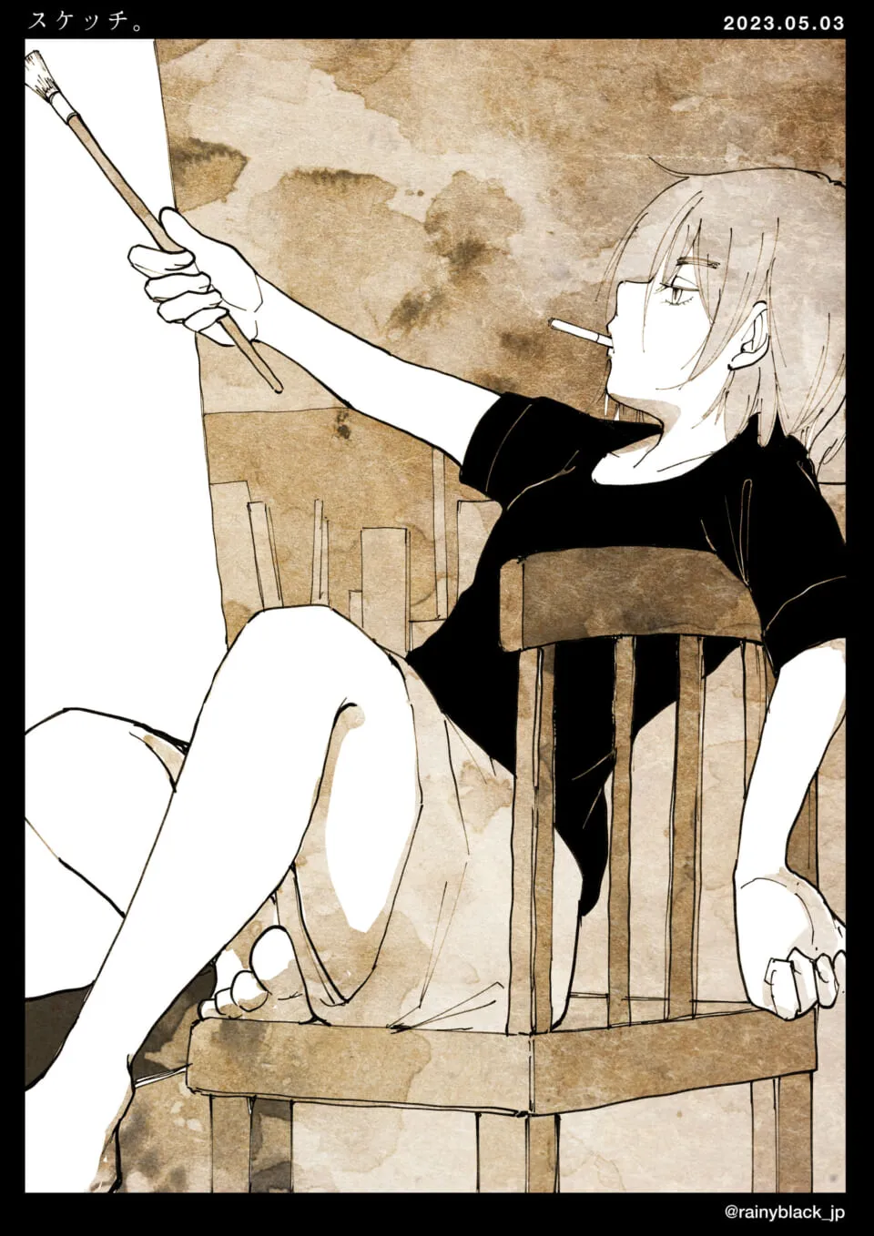 椅子に座り絵筆を伸ばす女性の横顔