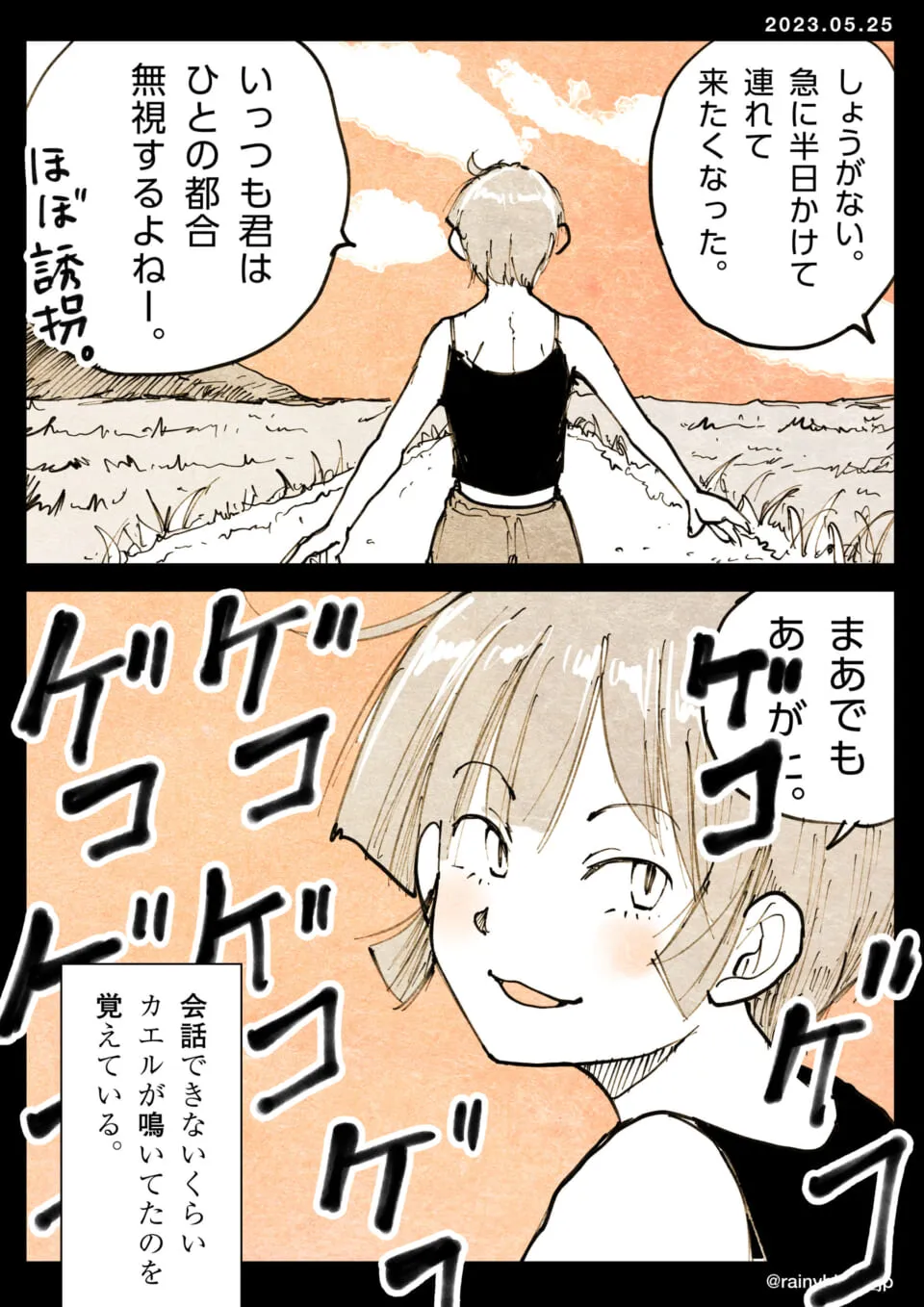 夕暮れの野原で振り返る短髪女性とカエルの鳴き声