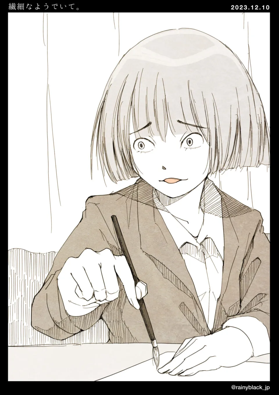 驚いた表情で筆を持つ制服の少女