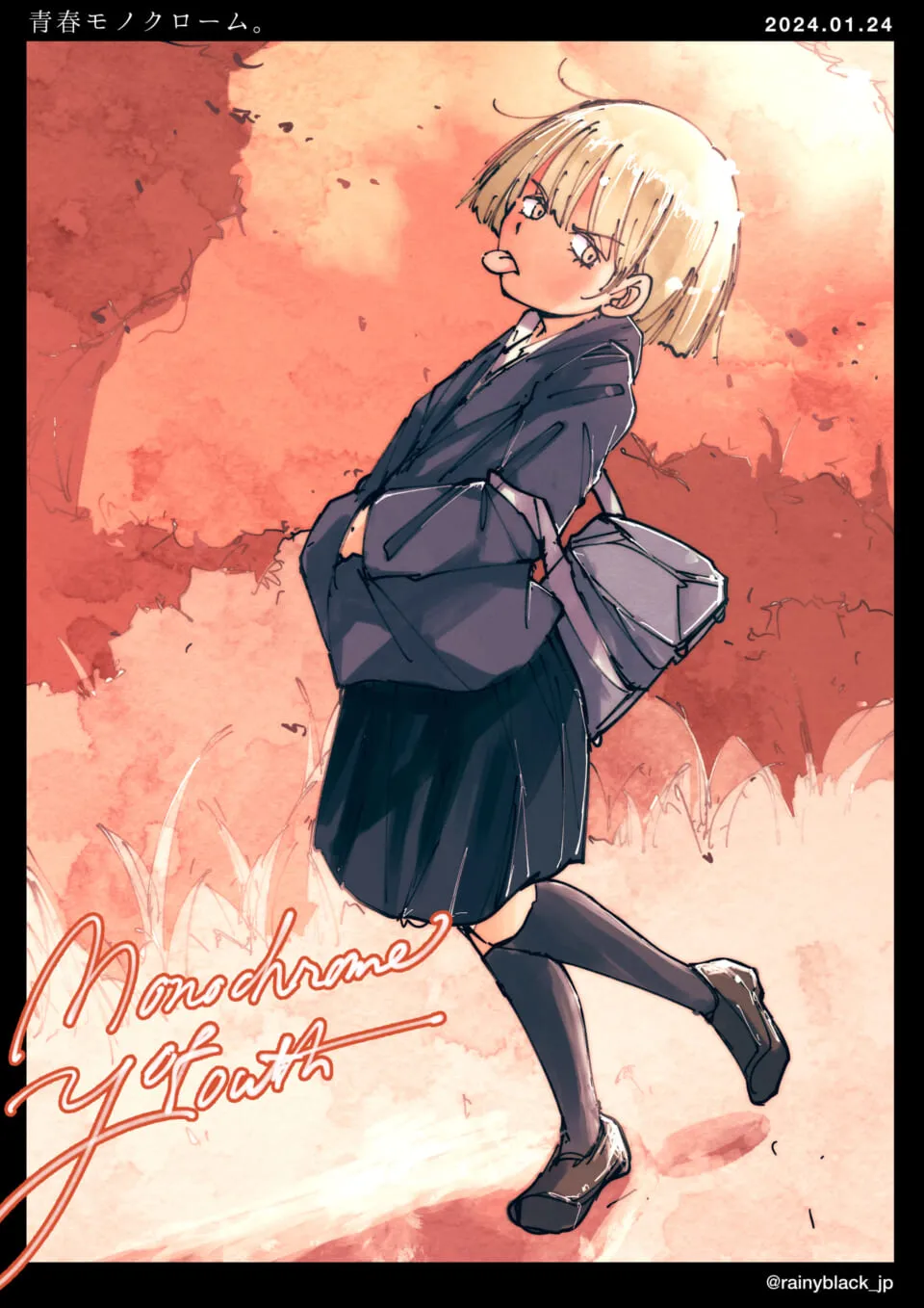 制服の金髪キャラがむっとして立つ