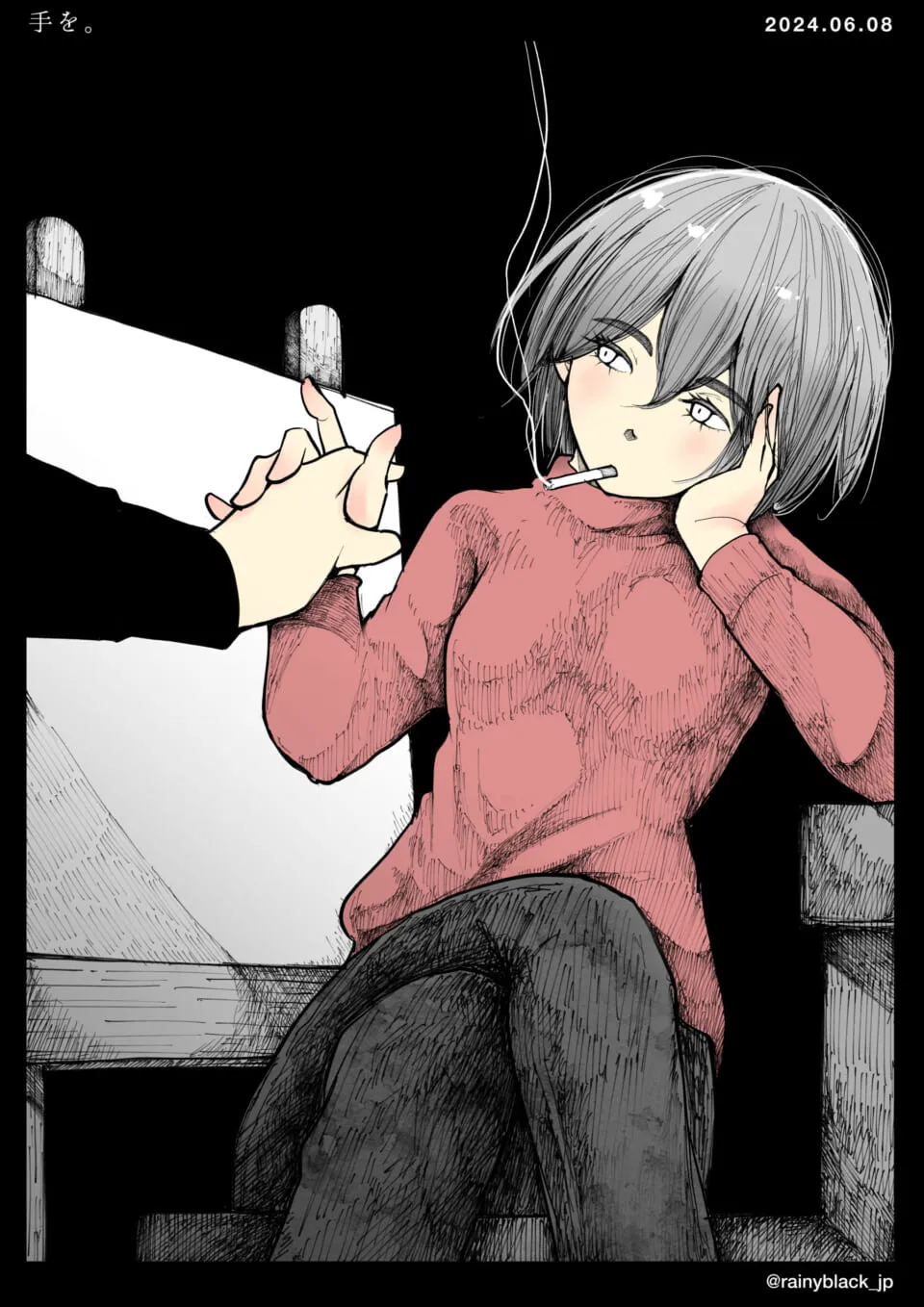赤い服の人物が煙草をくわえ手を握られている