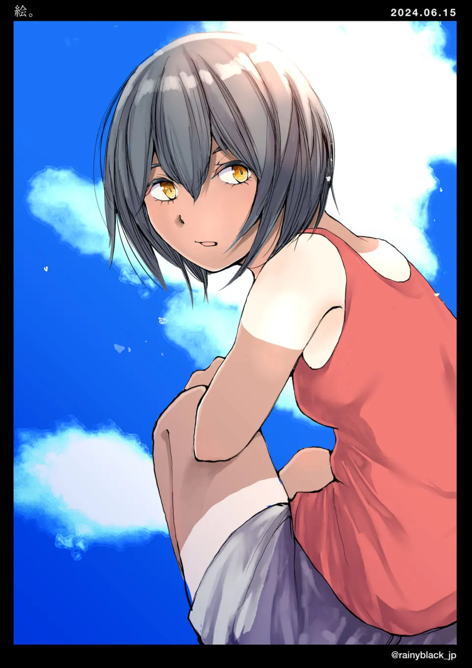 赤い服の少女が空を見上げる