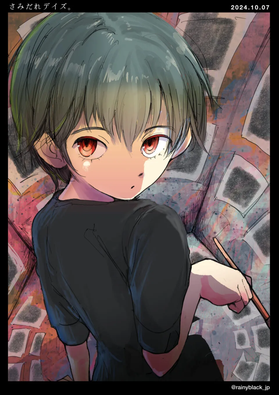 青髪の少女が振り向き筆を持つ