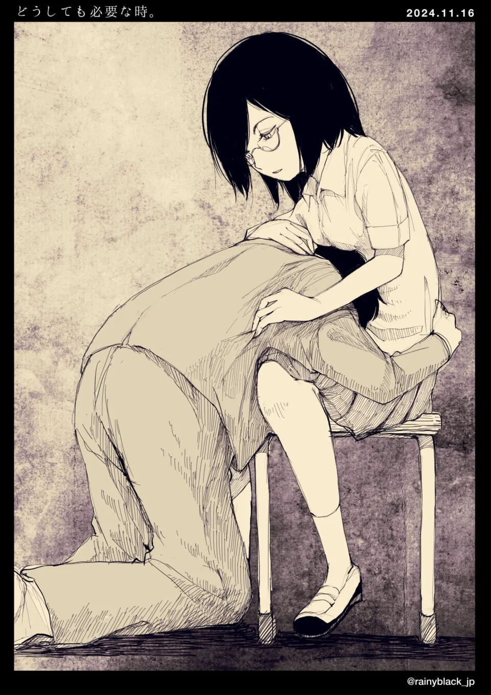 椅子に座る女性を抱きしめる男性の情景