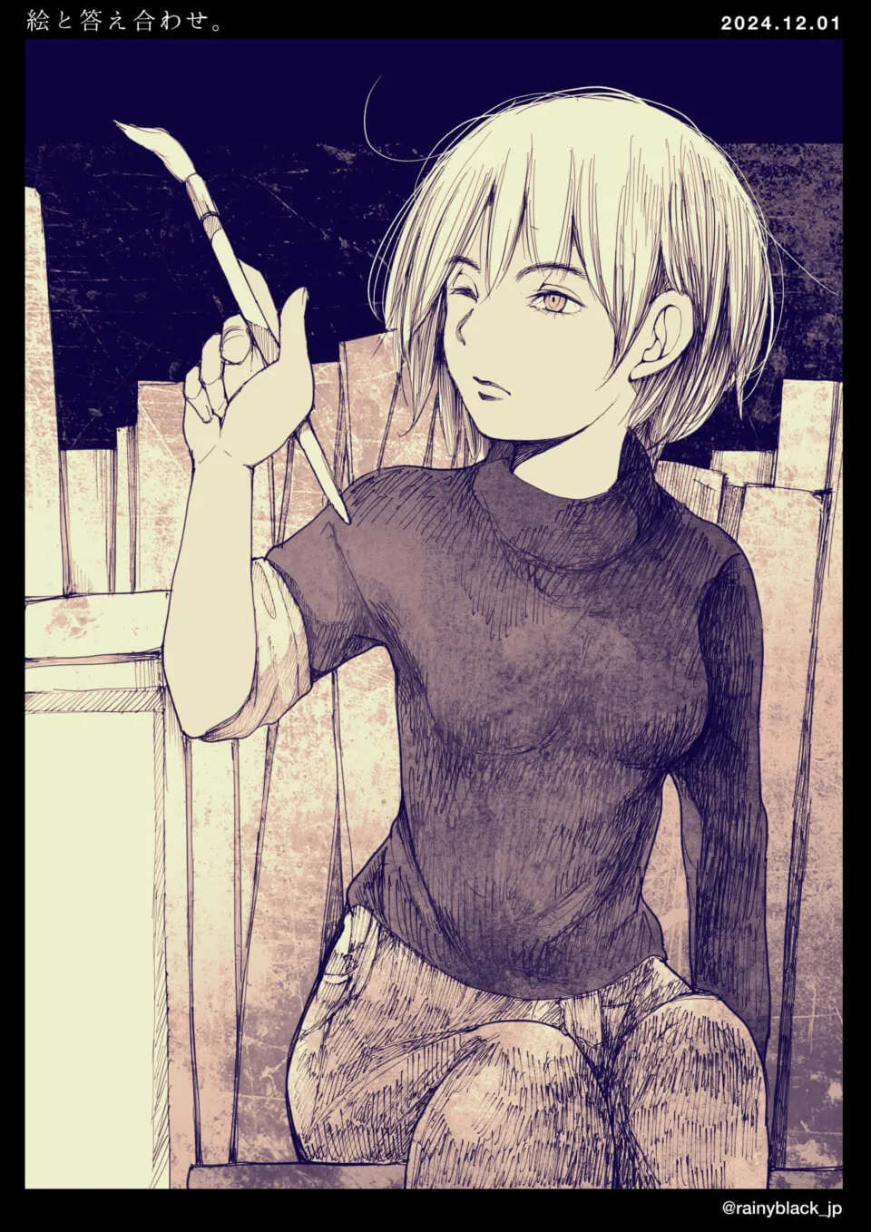 絵筆を持ち片目を閉じてウインクする女性