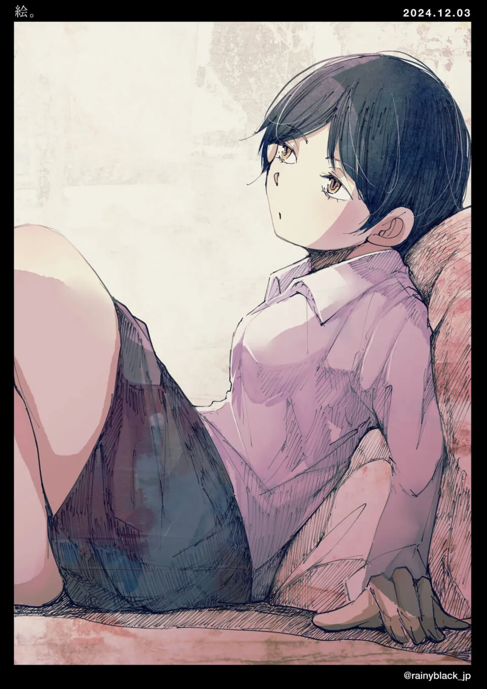 壁にもたれかかり遠くを見る黒髪の少女
