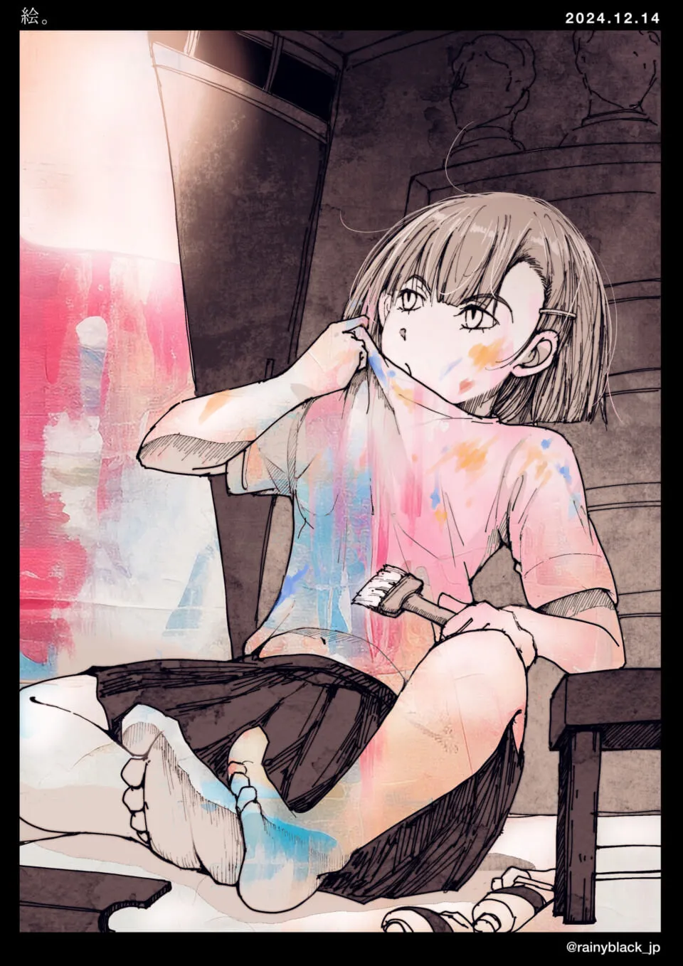 絵の具だらけで服を引っ張る少女