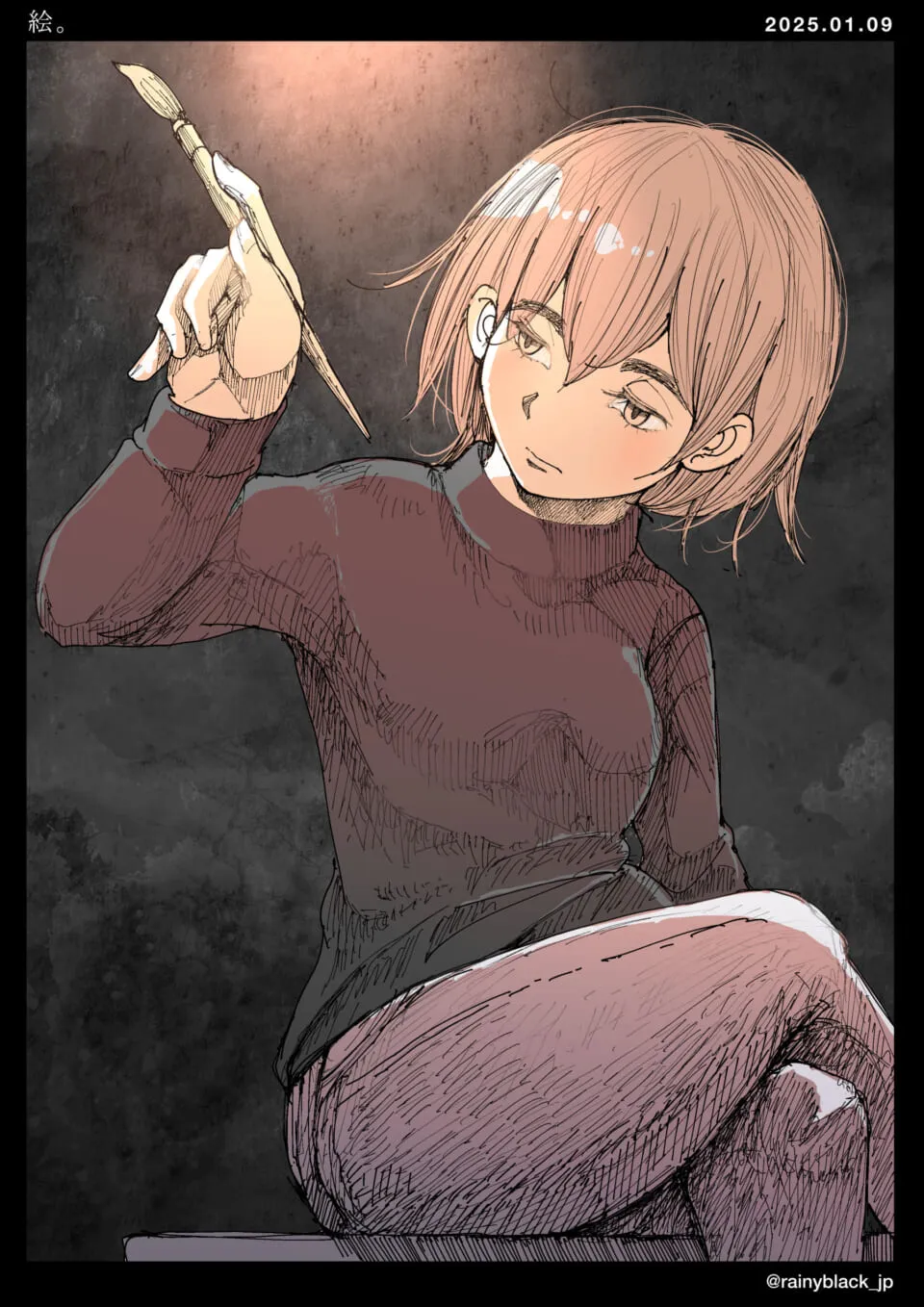 椅子に座り絵筆を持つ女性の横顔