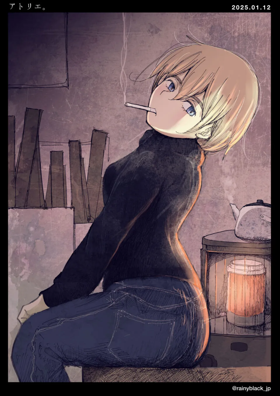 黒セーターの女性が煙草をくわえて振り返る