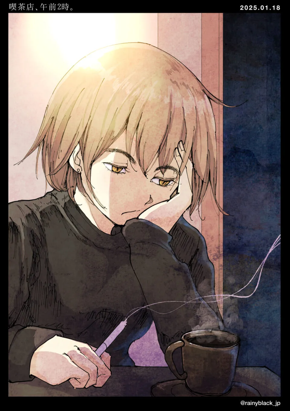 喫茶店でコーヒーとタバコを手に持つ女性