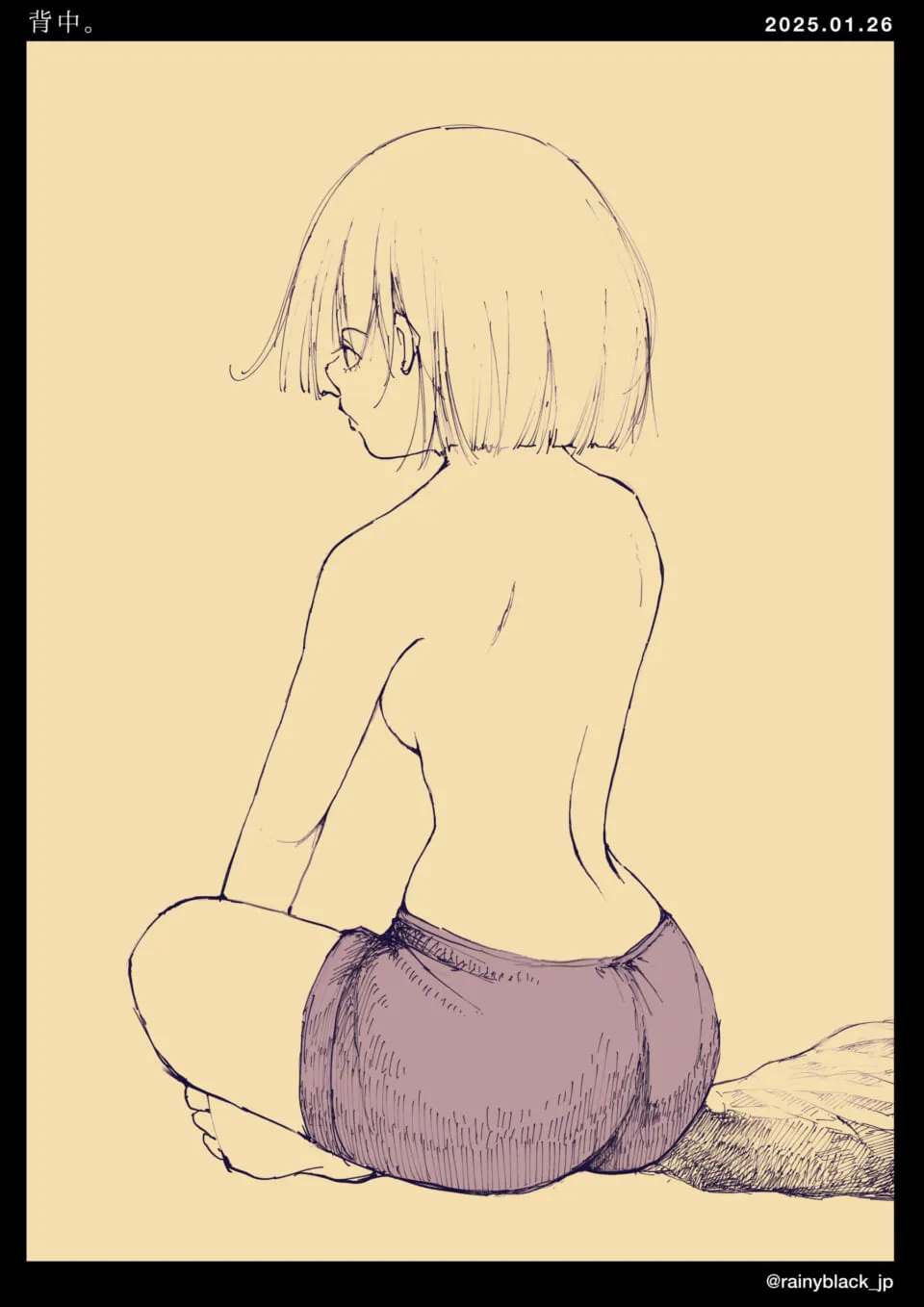 髪短い人物が背中を見せて座っている