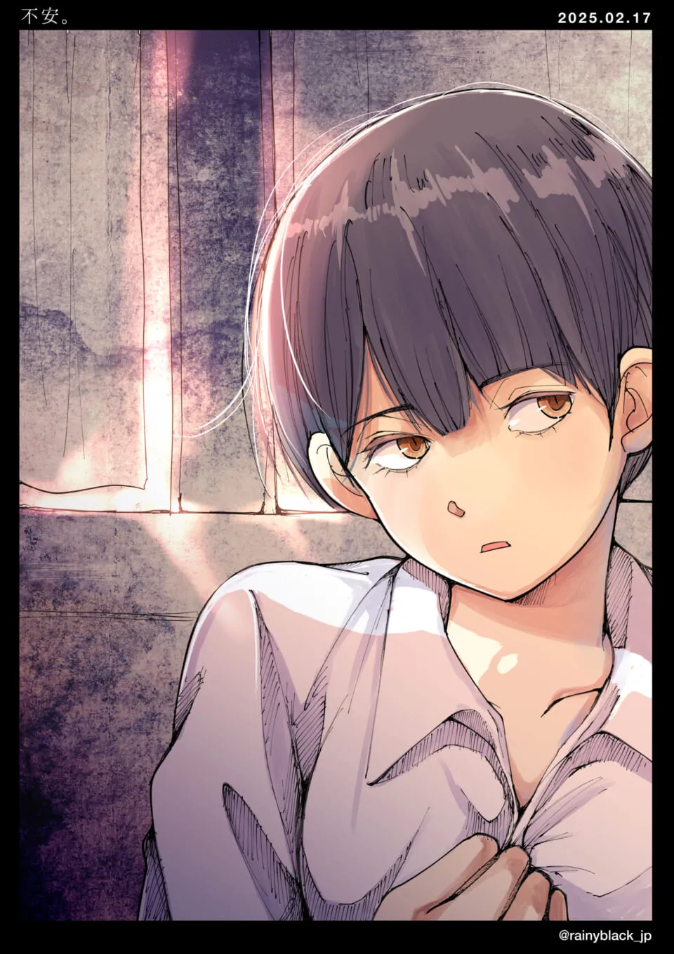 窓辺で襟を握りしめ不安そうな女性