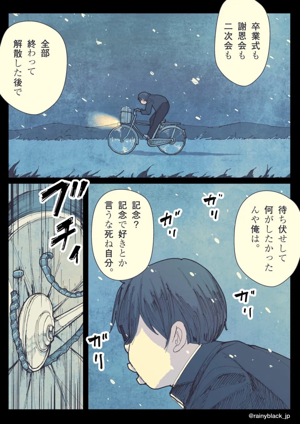 夜雪の中、自転車を漕ぐ男子高校生の横顔