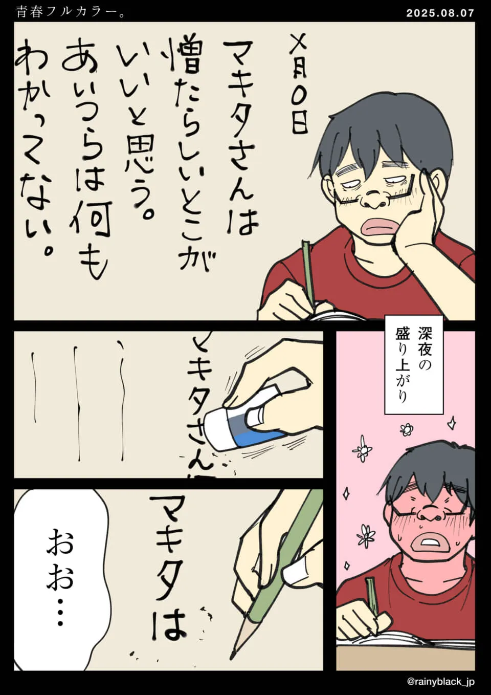 深夜、反省日記を書く青年。