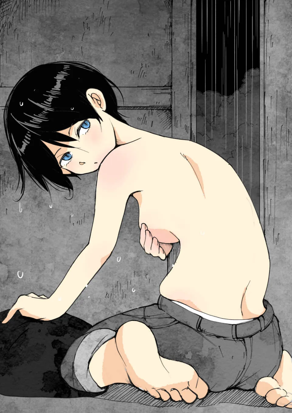 黒髪の人物が上半身裸で後ろを向く。