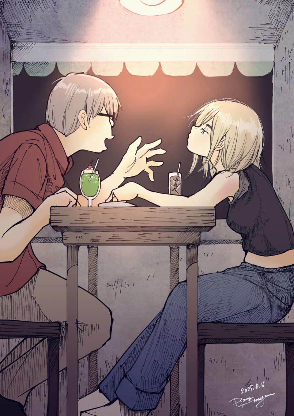 テーブルで会話する男女イラスト