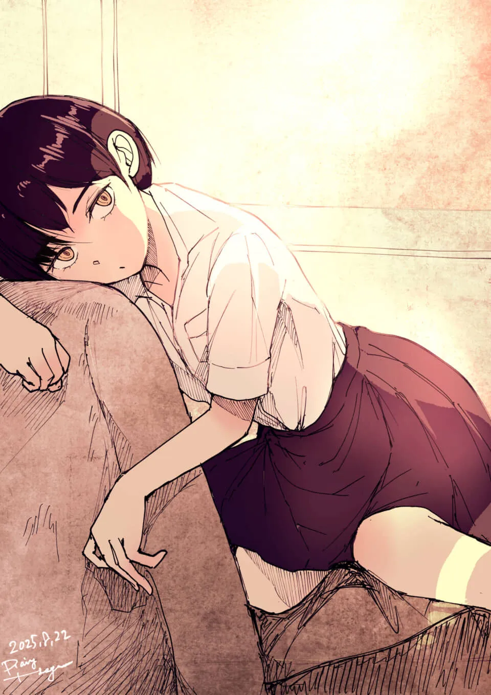 床に座る女子学生のイラスト。