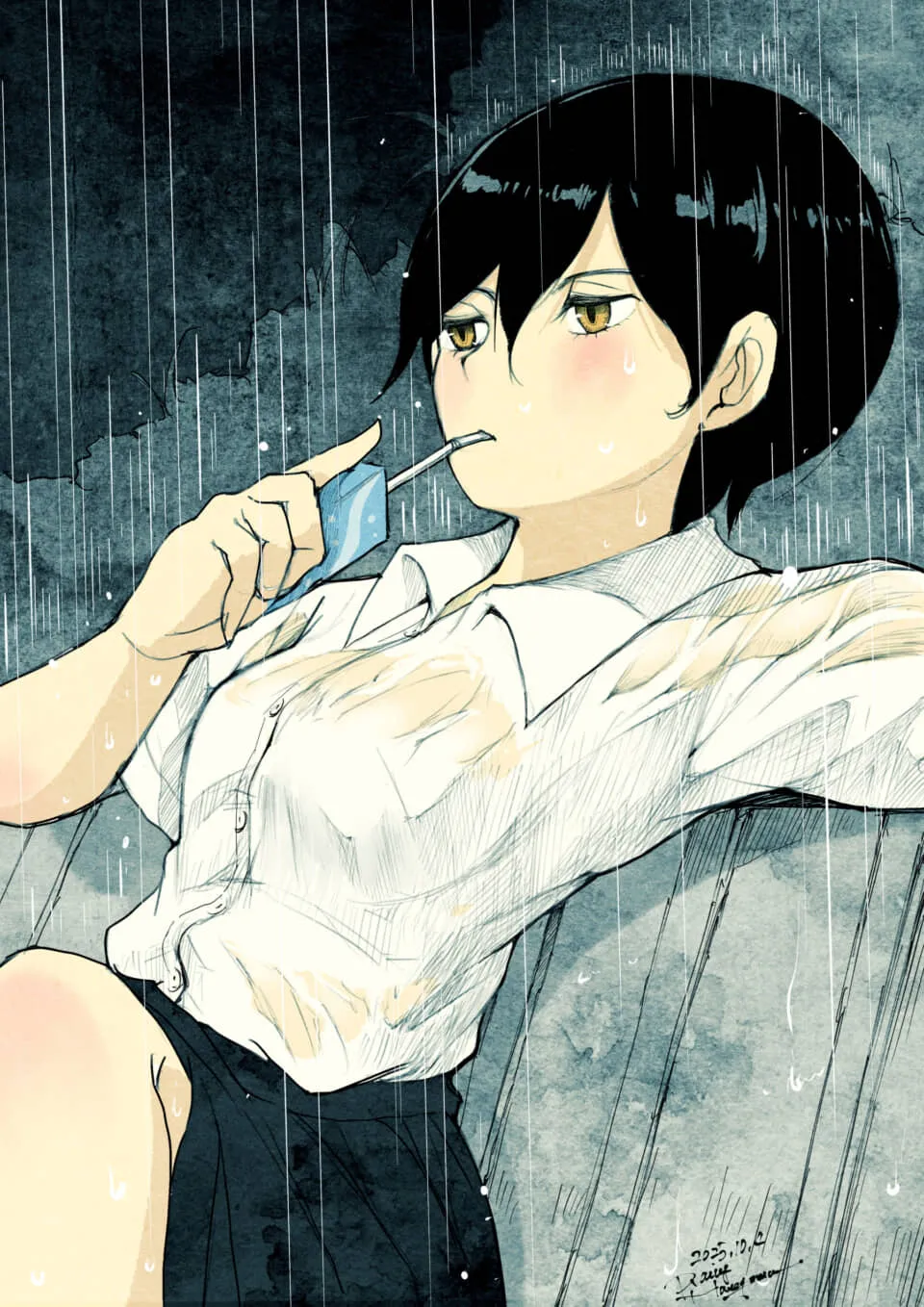 雨の中で休憩する女性。