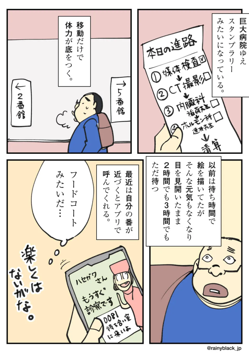巨大病院での移動、待ち時間、アプリ呼び出しに疲れる男性の漫画