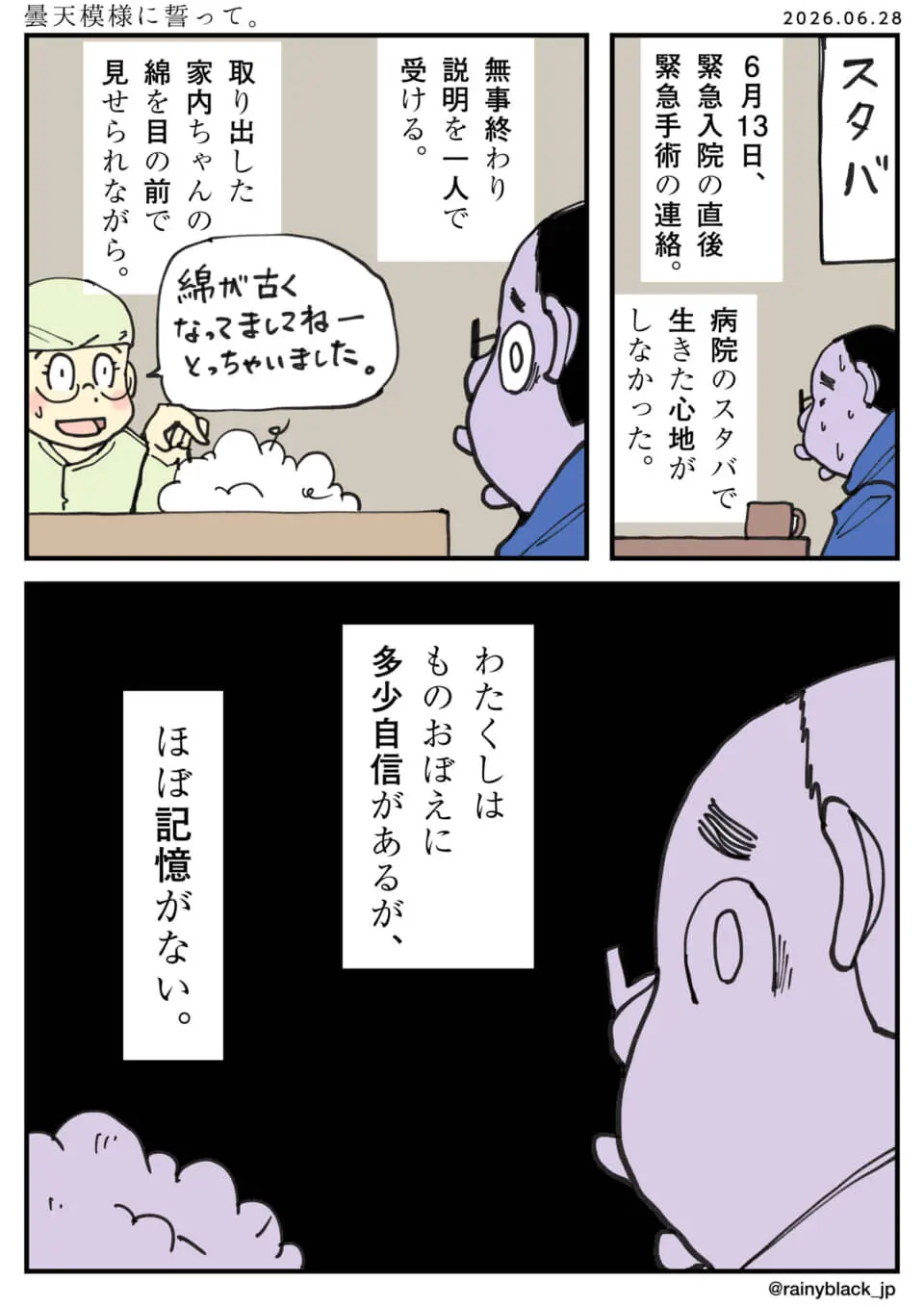 ぬいぐるみの手術に動揺し、記憶を失う男性のエッセイ漫画
