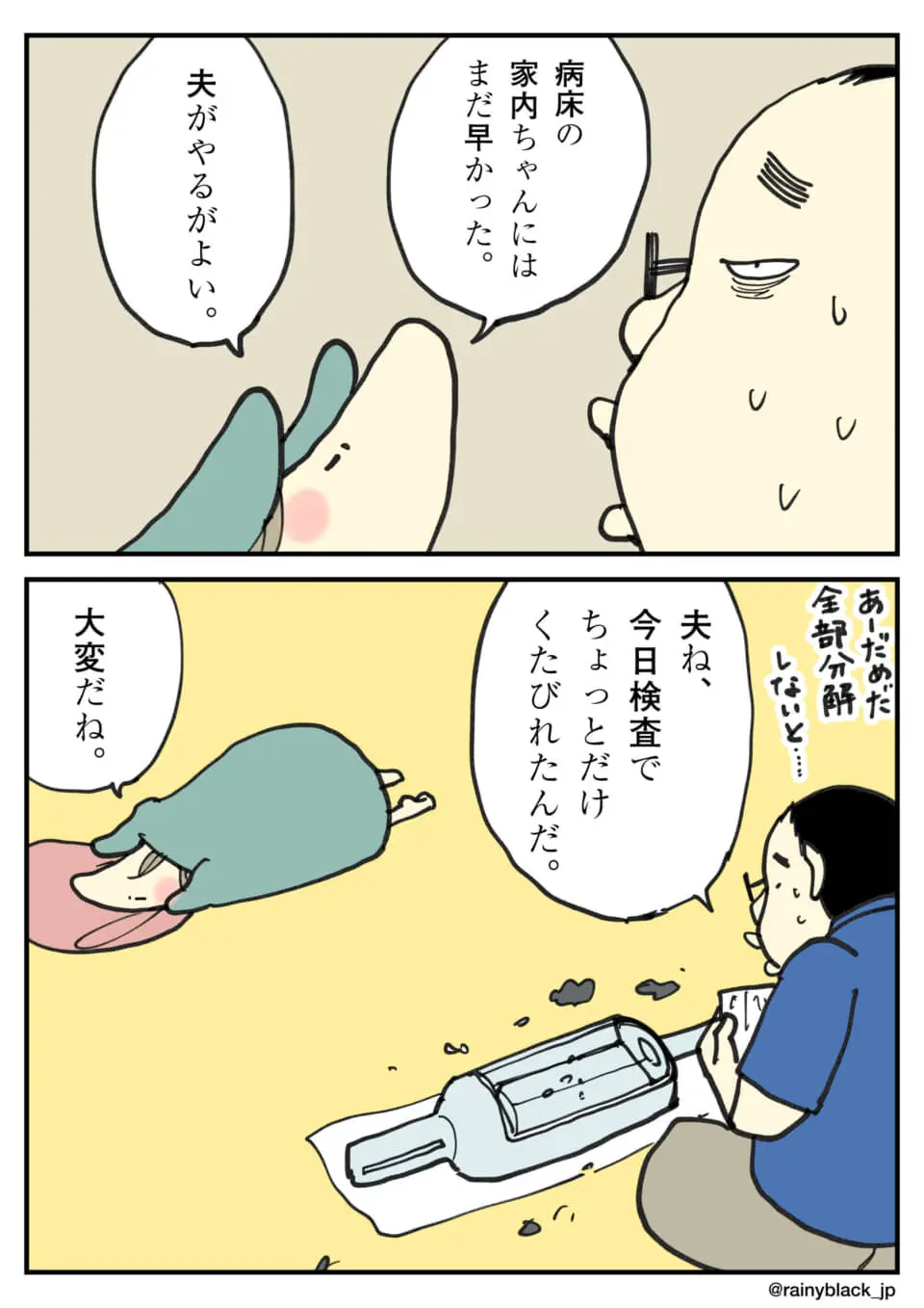 検査で疲れた夫がボトルシップを全分解する2コマ漫画