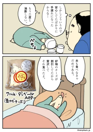 割引の青カビチーズを食べてお腹を壊し、寝込む様子