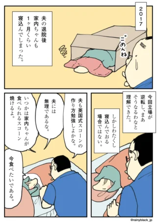寝込んだ妻のために、スコーンを作ろうと考える夫